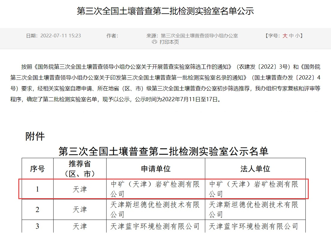米兰(milan)中国官方（天津）岩矿检测有限公司入选第三次全国土壤普查实验室名录